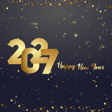 2027 Happy New Year Gold Sketch Script Confetti Dark Black Background