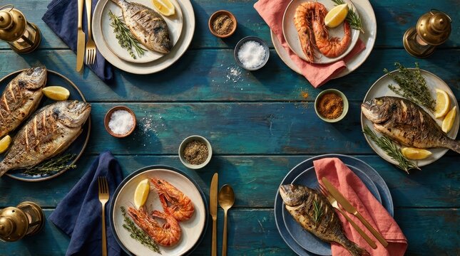 Delicious grilled seafood and fish served with lemon and herbs on a rustic table