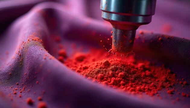 Macro view of red powder falling onto purple textile. Machine applies pigment to fabric surface. Close up of dye or colorant powder. Industrial textile processing.