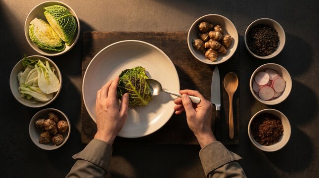 Chef Table Prep With Fiber Ingredients And Blistered Cabbage Plating