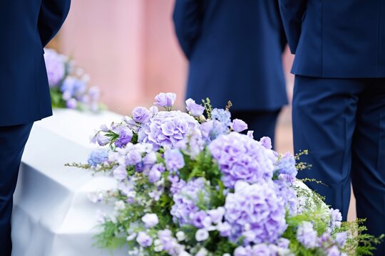 White casket with purple hydrangea arrangement at graveside