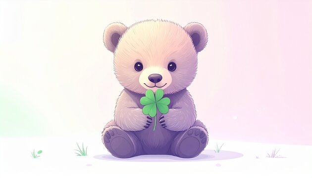 四つ葉のクローバーを抱えて座るクマの素材(ピンク）