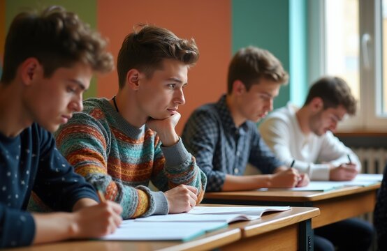 Young men attend language class. Students focus on tasks at desks in bright classroom. They write notes, study materials during lesson. Education concept shows learning process.