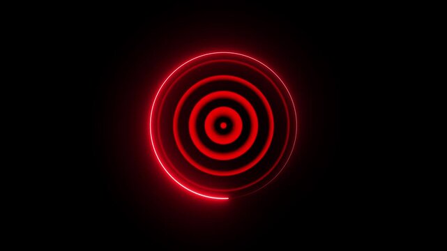 Glowing red neon circle radar and neon rotation icon. Radar scanning loop on black background with transparent background. Radio waves animation with neon circle.