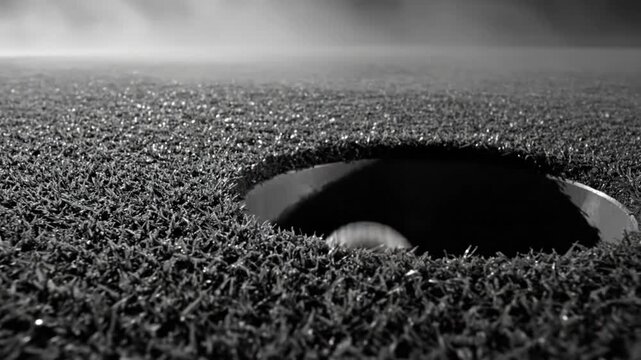 Golf ball rolling into the hole in black and white close up with dramatic lighting on the green