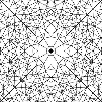 Black and white geometric mandala pattern with intricate intersecting lines and a central circular dot in a symmetrical radial vector illustration design