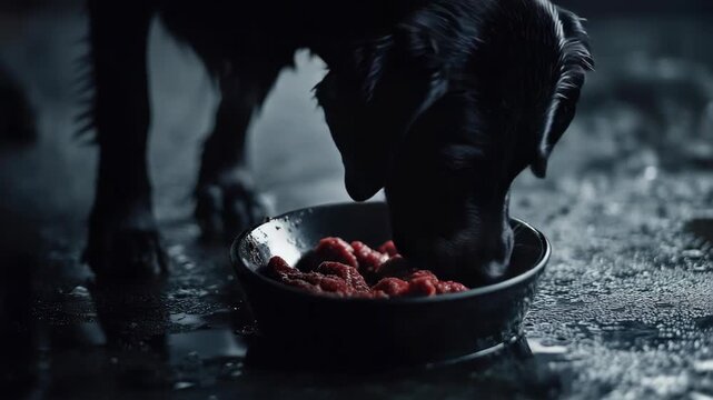 Dog eating food from metal bowl