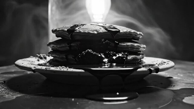 Black and white still life of pancakes stacked on a plate with syrup dripping in a dim, moody scene