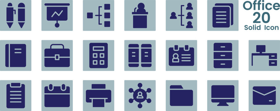 20 Office Solid Icon Set with Business Administration Management Stationery Communication and Workflow Flat Gray Vector Icons for UI UX Dashboard
