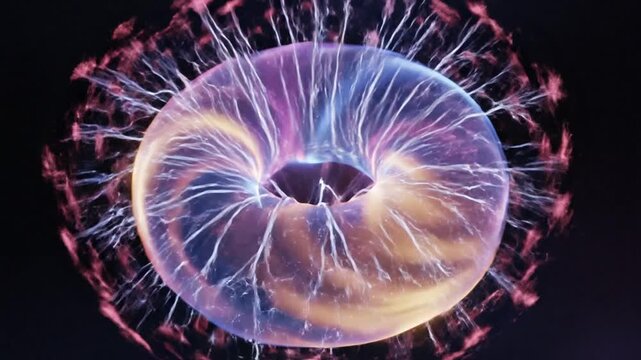 Abstract glowing torus with energy discharge against dark background