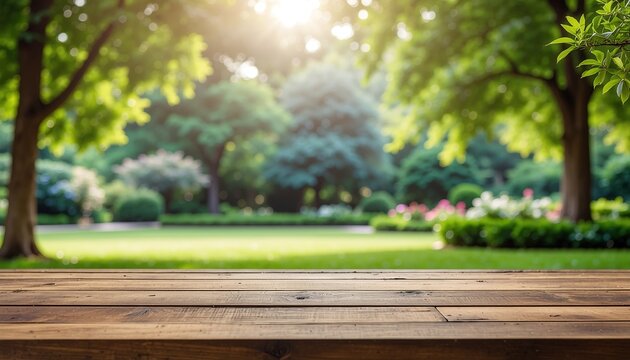 Empty rustic wooden table surface with a blurred lush green garden background.
