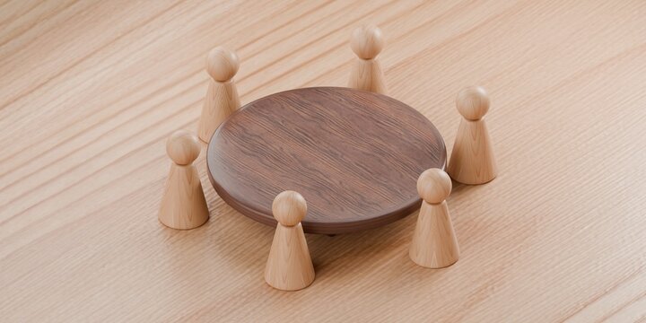 pawn figurines standing round a table. Corporate work environment, meeting, interview