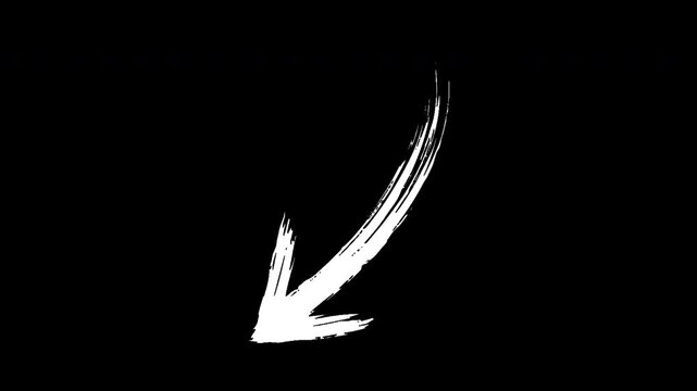 4K White brush stroke downward arrow animation for UI tutorials presentations creative navigation element artistic hand drawn motion graphics loop asset 