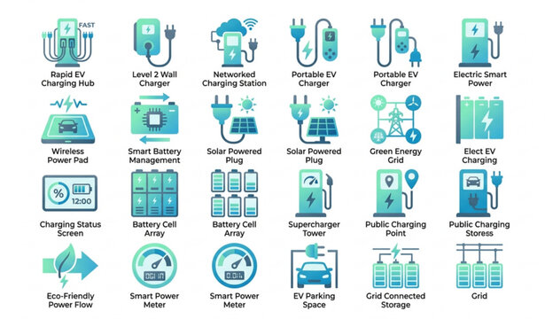 Modern EV Charging Stations and Smart Battery Grid Vector Icon Set