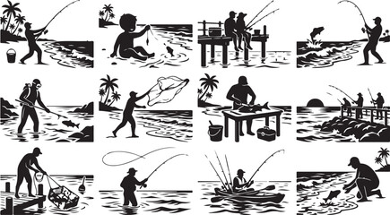 Obraz premium Set of silhouettes of people fishing in various situations, including shore fishing, boat fishing, and cleaning fish