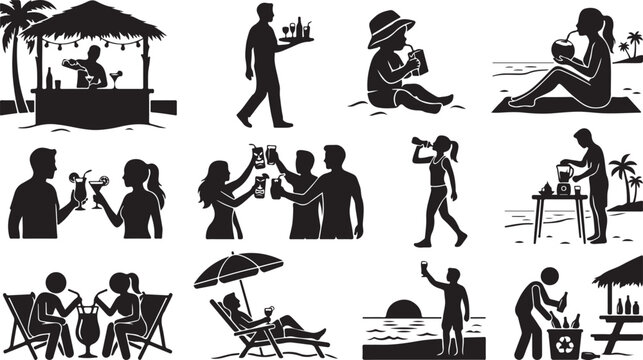 Set of beach bar icons, people drinking cocktails, relaxing on the beach, and recycling bottles, vector illustration