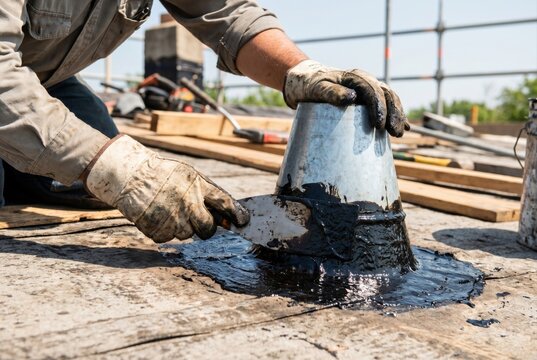 Roofer applying thick black sealant mastic with a trowel around a metal roof vent pipe
