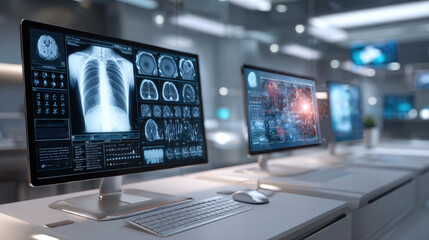 Fototapeta premium Medical imaging displays advanced healthcare data, showing AI driven diagnostic analysis and digital radiology scans in a modern clinic environment