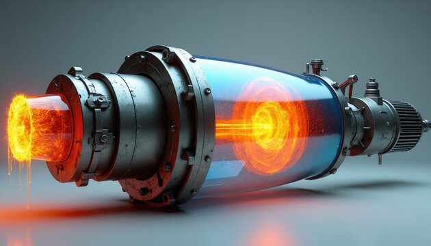 Futuristic machine generates powerful fiery energy inside glass tube. Metal device has complex mechanical parts. Glowing plasma swirl emits bright light, suggesting innovation and power source.