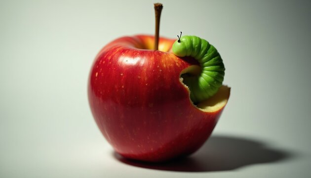 Red apple with bite mark and green worm inside. Concept of food pest damage agriculture organic fruit rot. Healthy eating issue concept idea.