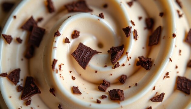 Creamy stracciatella ice cream swirl topped with dark chocolate chunks. Delicious frozen dessert closeup shows rich texture and sweet topping perfect for summer.