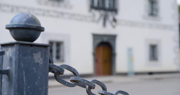 Amonhaus Entrance Focus Shift Through Iron Chain Foreground, Lunz am See