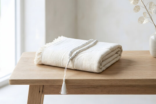 White tasbih prayer beads resting on folded textured blanket on wooden table