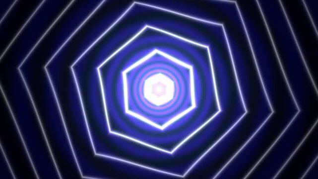 Hexagon tunnel motion background with glowing neon lights for digital video animation and broadcast projects