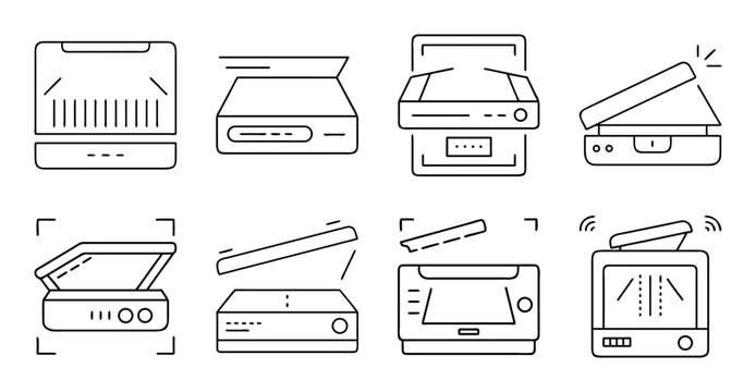 Flat icons of different types of scanners - Simple flat line icons showing various scanner types for digital and office use, including sheet-fed and handheld scanners.