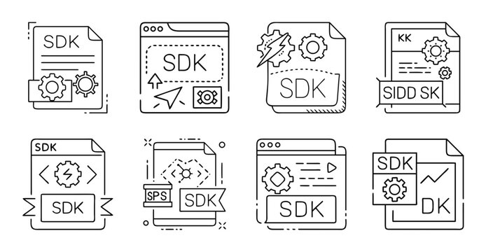 Flat icons showing software development files - Set of flat icons illustrating coding files like SDK, source code, and project folders in a clean design style.
