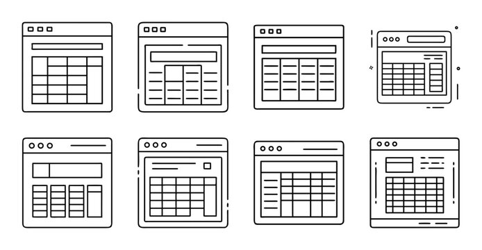 Minimalist spreadsheet and document interface icons - Clean, flat design icons showing spreadsheet and document layouts with grids and text boxes for digital interfaces.