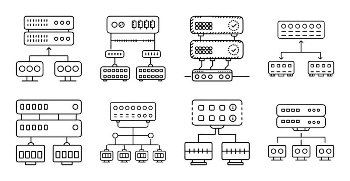 Computer network system diagram icons set - Modern vector icons showing network devices like routers, servers, and connections in a clean, organized layout.