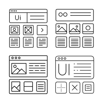 Flat ui wireframe icons and app mockups set - Minimalist flat design icons and app interface wireframes in grayscale for digital projects and presentations.