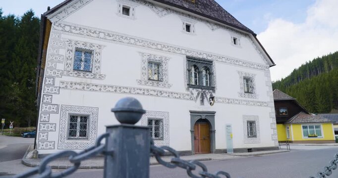 Amonhaus Full Facade Pan from Chain Barrier, Lunz am See, Austria