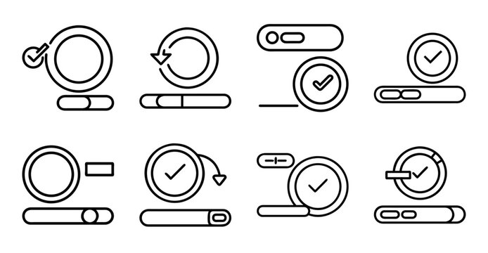 Flat icons of alarm clock functions and states - Minimalist vector icons showing alarm clock on, off, snooze, and alarm triggered states for app or website design.