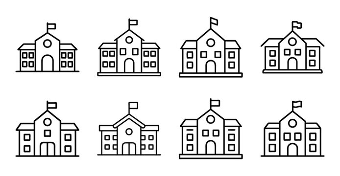 Set of colorful school building icons - Nine stylish vector icons of different school buildings in a clean, organized grid layout.