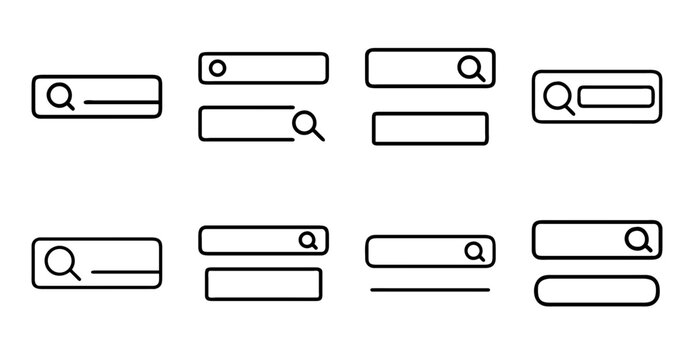 Flat search input icons set with magnifying glass - Minimalist flat icons showing search fields and magnifying glass symbols for web and app design.