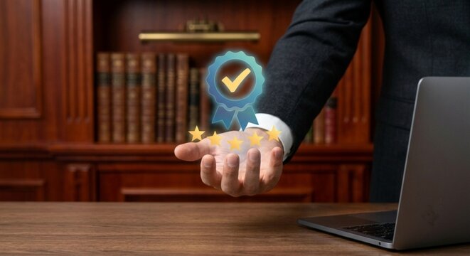 Businessman holding holographic quality assurance medal with five stars in law office.