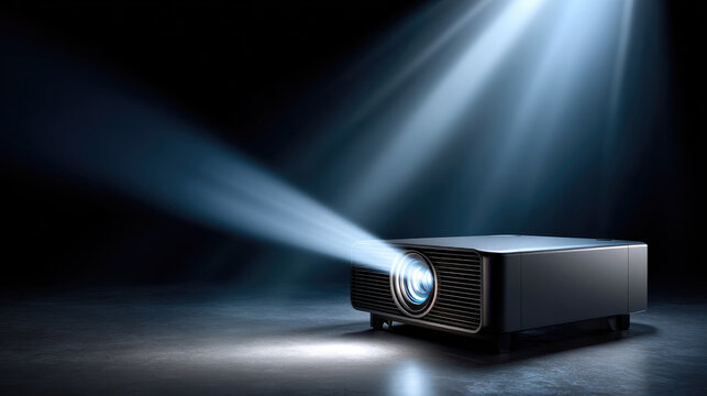Compact multimedia projector emitting powerful light rays against a smoky backdrop, symbolizing cutting edge display technology providing a versatile and engaging viewing experience
