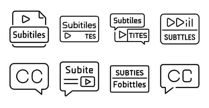 Speech bubble icons set for subtitles and captions - Minimalist flat icons showing various speech bubbles for subtitles, captions, and translation symbols in a clean, modern style.