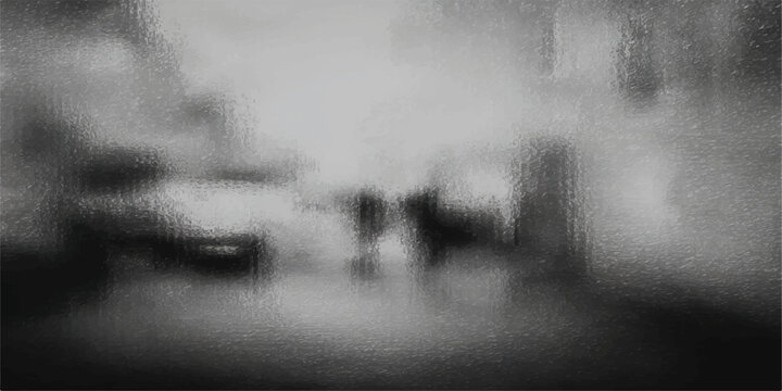 abstract atmospheric black and white depiction of a rainy cityscape, evoking a sense of melancholy and urban isolation.