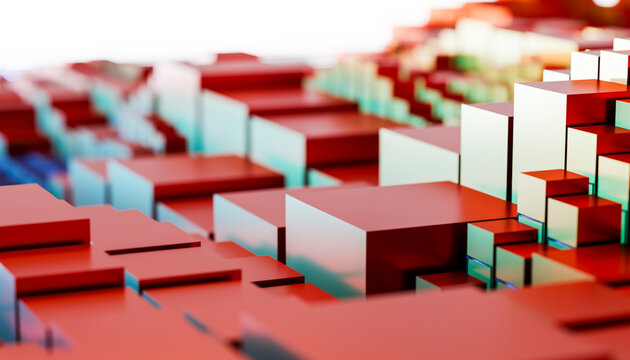 Abstract orange cubes in a digital 3D render landscape