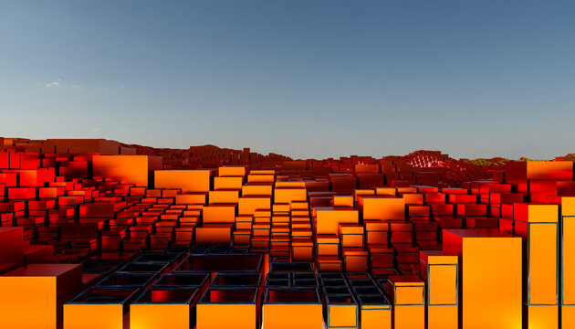 Abstract orange cubes landscape in digital render