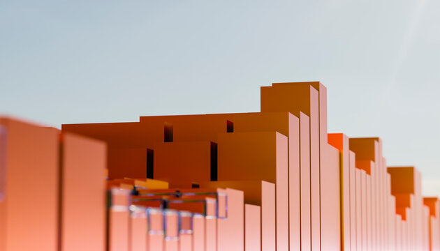 Abstract orange geometric render with gradient sky