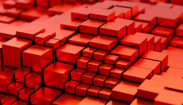 Dynamic arrangement of orange cubes in 3D render