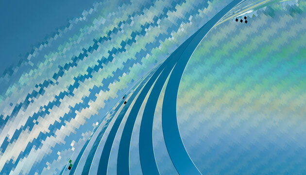 Abstract blue spiral crystal render with pixel mosaic background