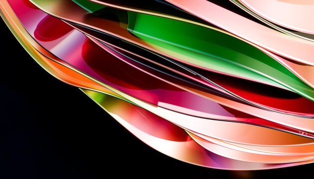 Abstract colorful glass ribbon waves on dark background