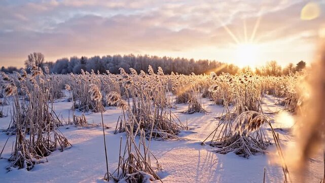 Winter dawn landscape with snow covered reeds and sunrise