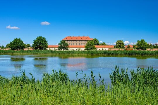 Scenic view of the historical Holic Castle surrounded by green trees and reflected in a peaceful lake under a blue sky in Slovakia.