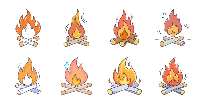 Cartoon fire icons burning on wooden stumps - Bright and colorful cartoon-style fire icons burning on small wooden stumps, ideal for vector illustrations and designs.